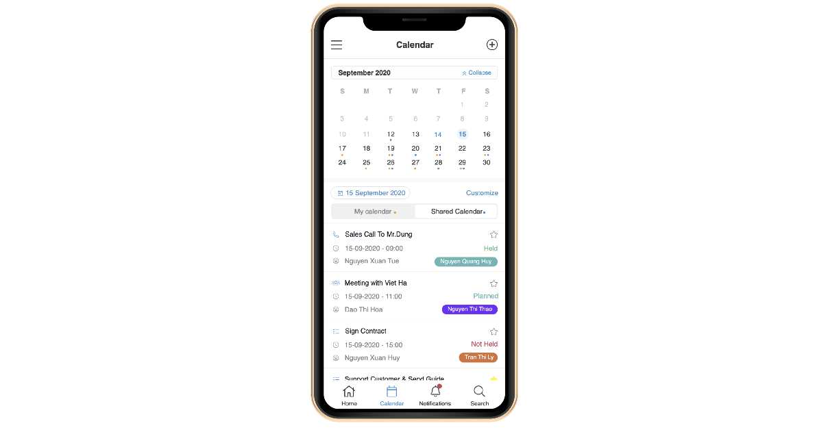 Calendar trên app CRM