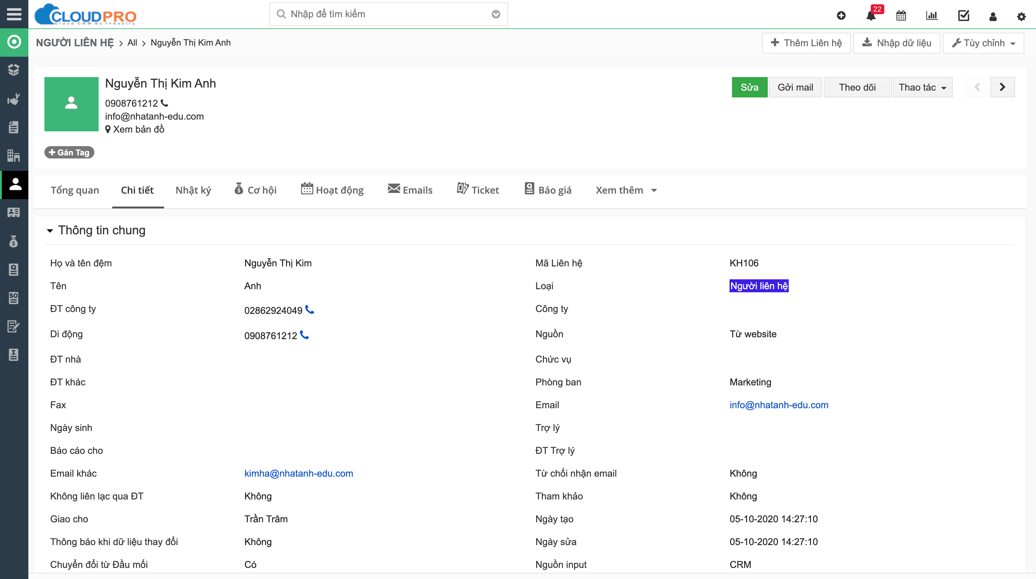 quản lý người liên hệ trên phần mềm cloudpro crm