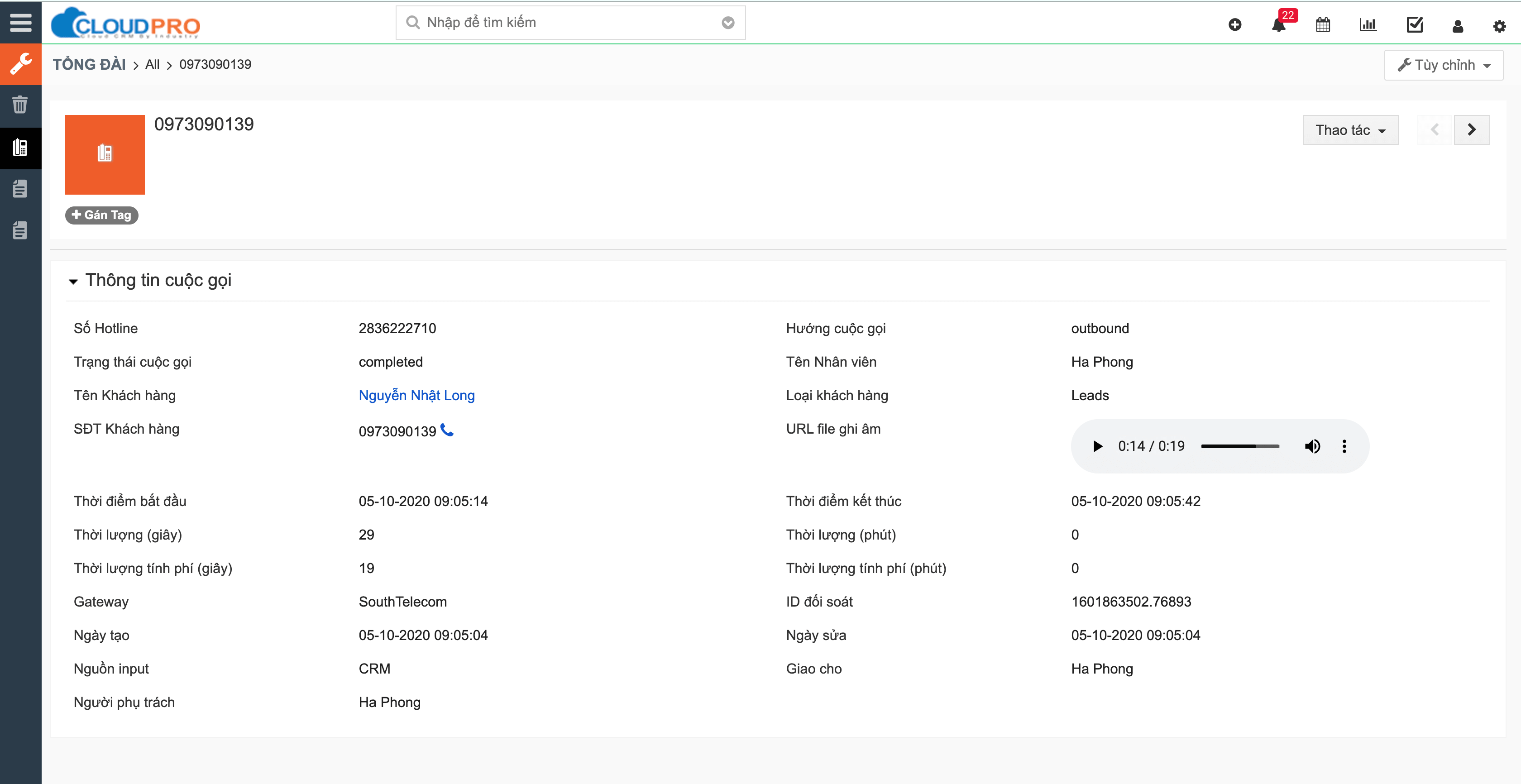 Chi tiết cuộc gọi trên phần mềm CRM