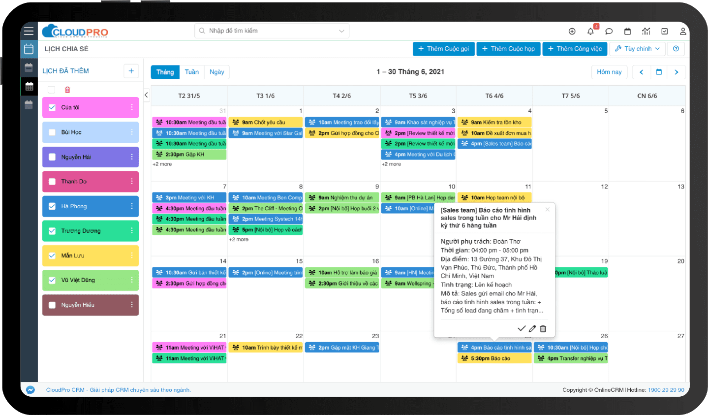 Quản lý lịch làm việc trên phần mềm CloudPro CRM