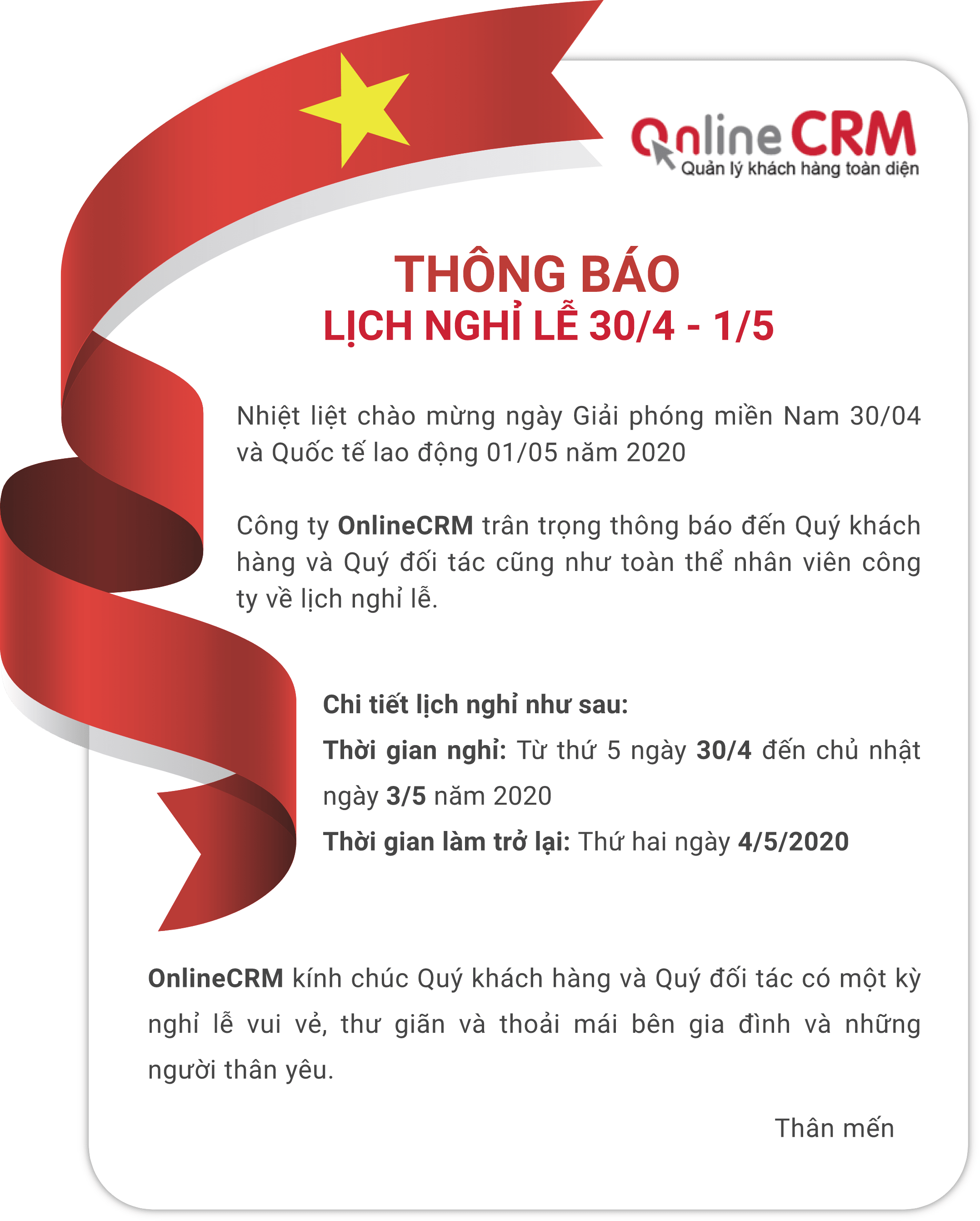 Thông báo nghỉ lễ 30/4 - 1/5