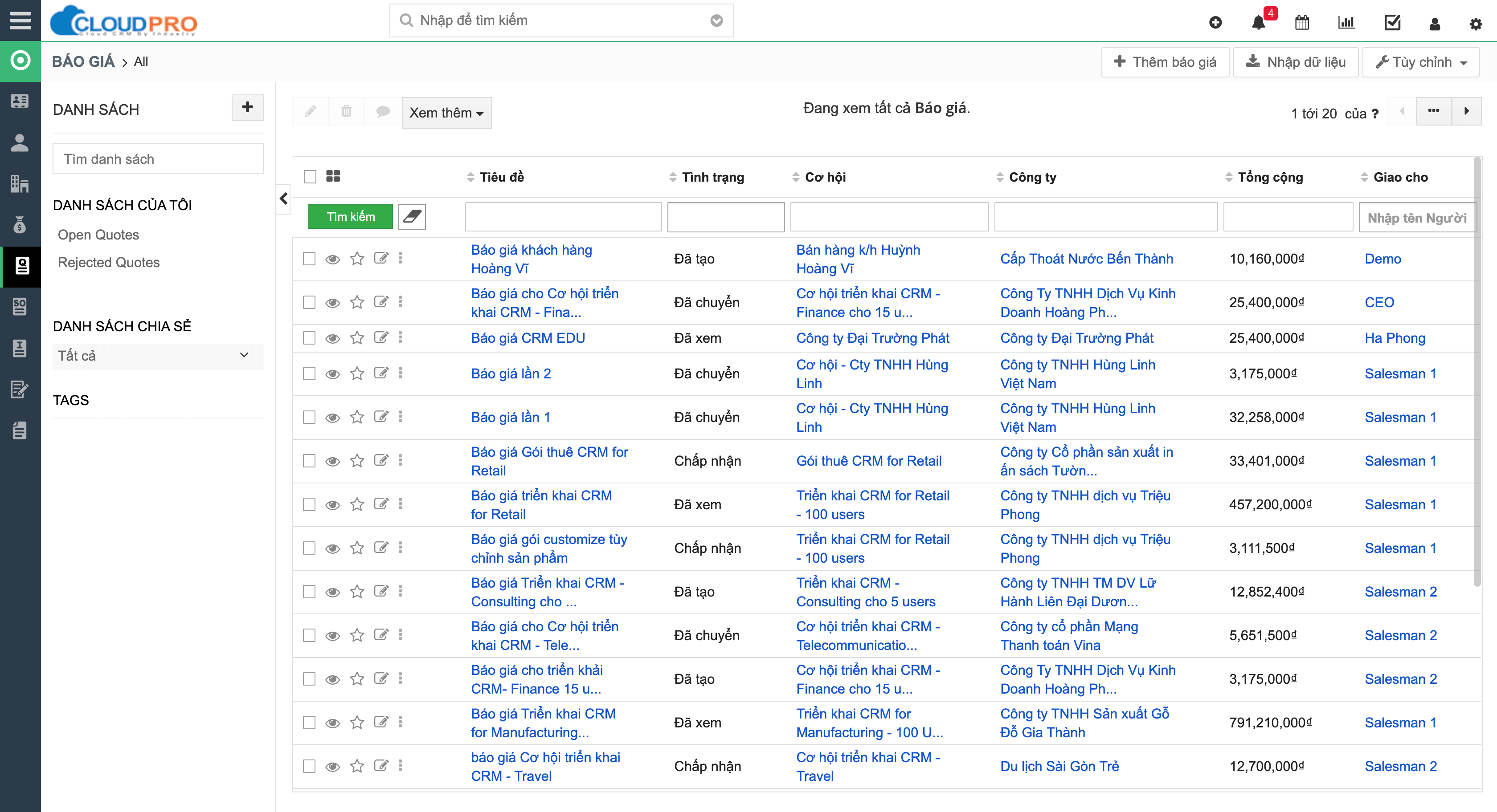 Quản lý báo giá trên phần mềm CloudPro CRM