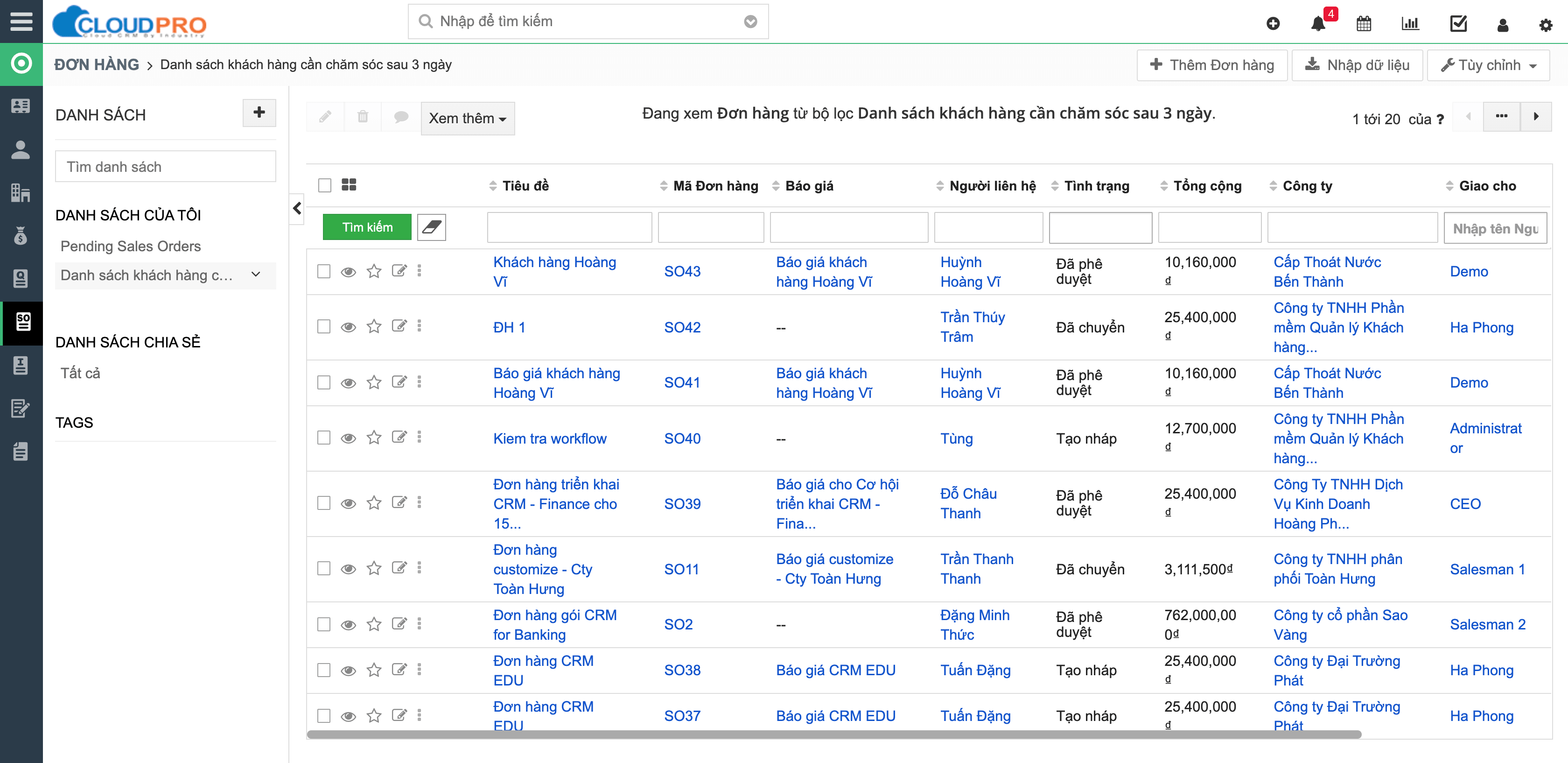 Quản lý danh sách đơn hàng trên phần mềm CloudPro CRM