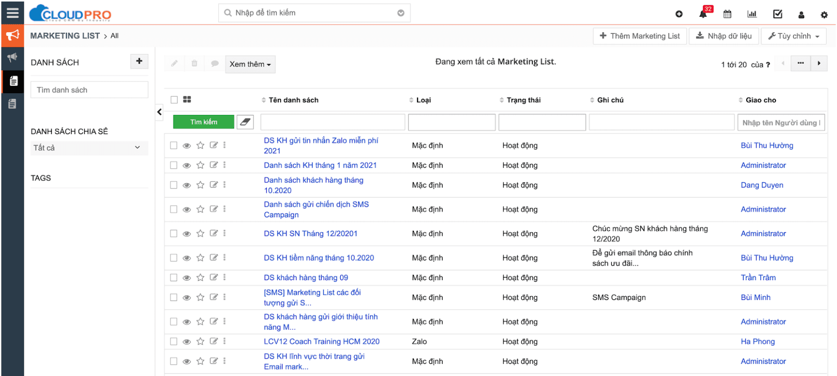 Quản lý Marketing list trên phần mềm CloudPro CRM